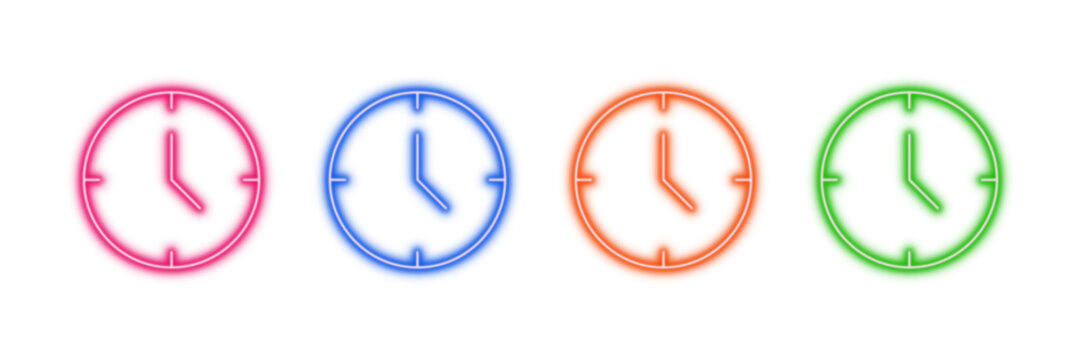 Neon glowing clock vector icons set, time, schedule, deadline, watch, punctual, vibrant colorful digital design illustration on transparent background.