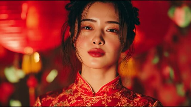 Portrait of a woman in traditional attire, surrounded by vibrant red decorations, showcasing cultural beauty and celebration.
