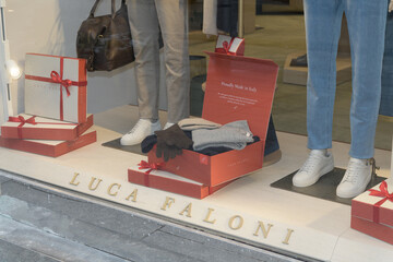 Fototapeta premium holiday display with merchandise inside Luca Faloni, a men's clothing store, located at 130 Bloor St W, Unit 115, Toronto