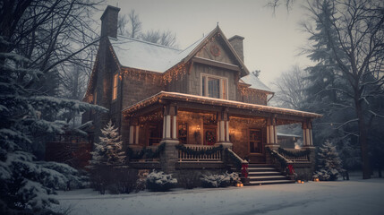 Fototapeta premium A charming house adorned with festive lights and garlands, nestled in a serene snowy winter landscape.