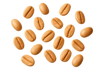 Obraz premium Unroasted coffee beans are scattering, showing natural texture and color, ready for roasting and brewing. Transparent background