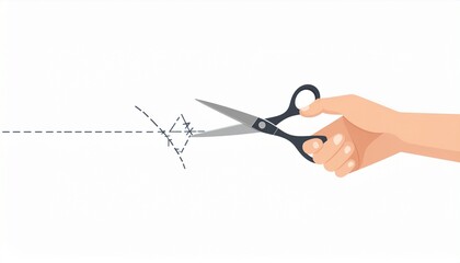 Hand holding scissors cutting along a dashed line on a white background, indicating a precise cutting action.