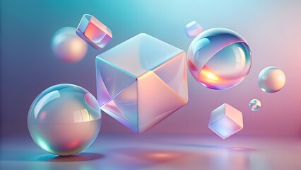 Floating Abstract 3D Cubes and Spheres in Pastel Colors With Glossy Surface and Geometric Light