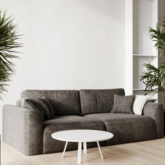 Modern living room with gray sofa and white wall and shelves, coffee table - trend 2026 color of the year cloud dancer white. delicate elegance interior room design. monomalist style. 3d render