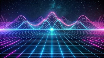 Obraz premium Retro Neon Wave Landscape With Synthwave Grid and Glowing Lines Under Starry Night Digital Sky