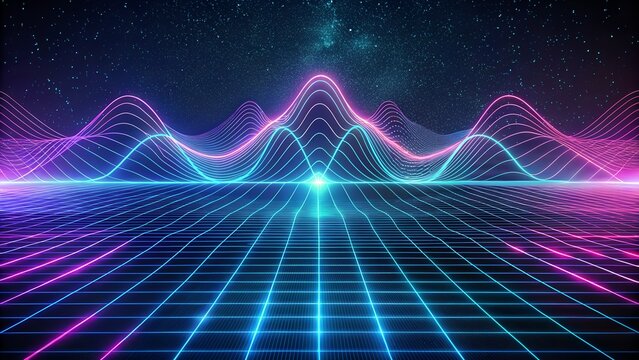 Retro Neon Wave Landscape With Synthwave Grid and Glowing Lines Under Starry Night Digital Sky