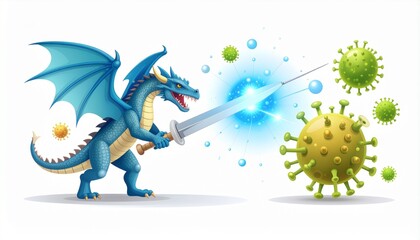 A blue winged dragon wielding a glowing sword fighting against green virus particles, symbolizing defense against illness.