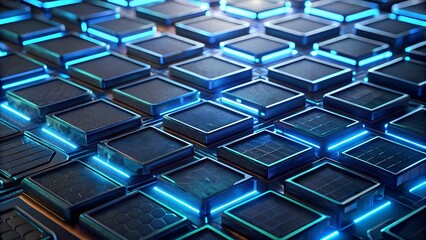 Glowing Neon Blue Cubes in Abstract Futuristic Technology Grid Background