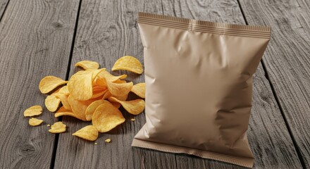 A brown bag of potato chips lies on a wooden table with some chips spilled out.