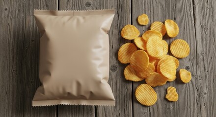 A brown bag lies open on a wooden table with potato chips spilling out.
