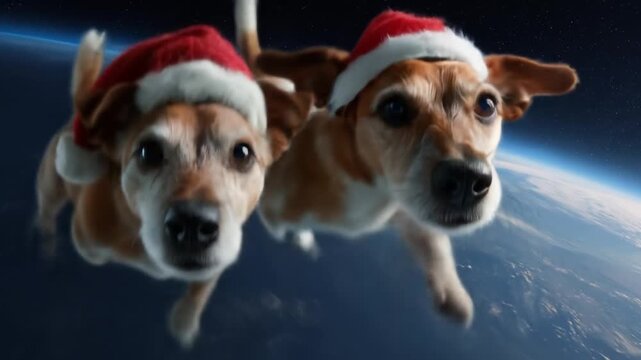 Two festive dogs in Santa hats float above Earth, gazing curiously at starry space in zero-g wonder!
