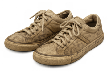 Pair of worn dirty sneakers with mud, depicting concepts of exhaustion, hard work, travel, and adventure on transparent background