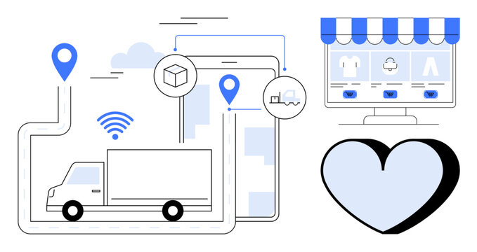 E-commerce, logistics, online stores, delivery tracking, digital retail, shipping solutions. A truck, location markers tablet with connections storefront and heart symbol. E-commerce and logistics