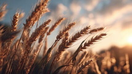 Naklejka premium Golden Wheat Field Panorama at Summer Evening With Glowing Clouds and Breeze Under a Clear Sky