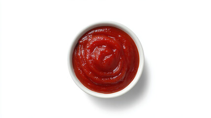 Tomato ketchup in white bowl isolated on white background, smooth texture and rich red color, perfect for dipping or cooking