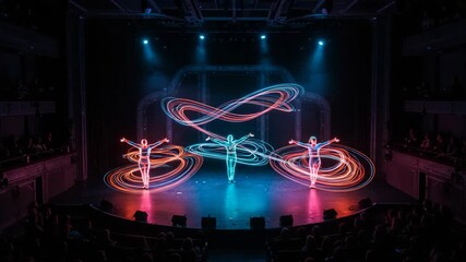 Vibrant stage performance with colorful neon light trails and energetic performers creating a mesmerizing visual display.