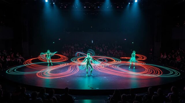 Dynamic LED dance performance illuminated by vibrant light trails creating captivating visual entertainment for modern audiences.