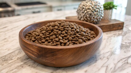Obraz premium Premium Cat Food Placed in a Wooden Bowl on a Kitchen Counter With a Blurred Background During Bright Daylight Hours