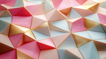 Close-up of a geometric 3D pattern featuring repeating triangular pyramids in shades of pink, white, and gold with a smooth and metallic texture