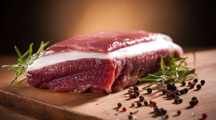 Raw meat with fresh rosemary and peppercorns on wooden cutting board, rich texture and natural colors evoke appetite and freshness