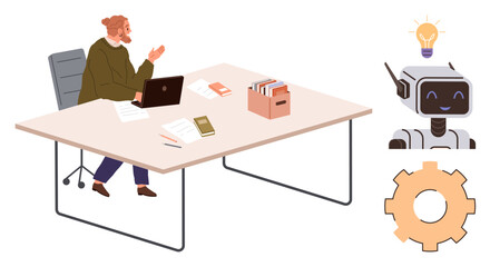Male worker at desk with laptop and files engages in creative problem-solving. Robot with lightbulb, smiling face, and gear symbolizes AI-powered solutions. Ideal for technology, workplace