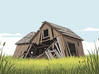 Obraz premium Dilapidated Wooden Barn in a Field of Tall Grass.