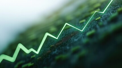 Close-up of a digital graph with a glowing green upward trend line over abstract blurred data points depicting growth and progress