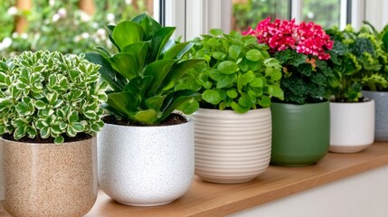 Fototapeta premium Various houseplants in decorative pots arranged on a bright windowsill