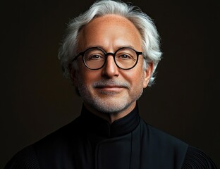 Fototapeta premium Portrait of a confident elderly man with white hair and beard wearing round glasses and a black high-collared shirt smiling gently against a dark background