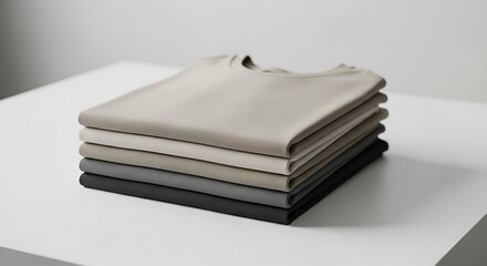 Stack of clean, folded, basic tees in monochromatic shades, representing a simple and organized lifestyle concept