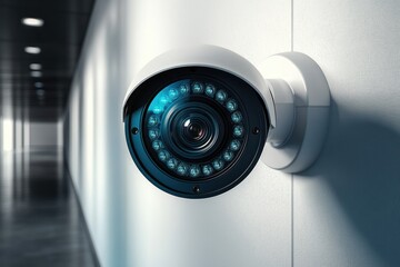 Close-up of a modern white dome security camera mounted on a white wall in a clean, well-lit corridor, symbolizing surveillance and safety