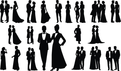 Black silhouettes of couples and individuals in formal attire formal wear tuxedo