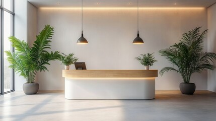 Modern reception area with sleek white and wood desk illuminated by two pendant lights, flanked by large green potted plants, minimalistic interior with soft natural light