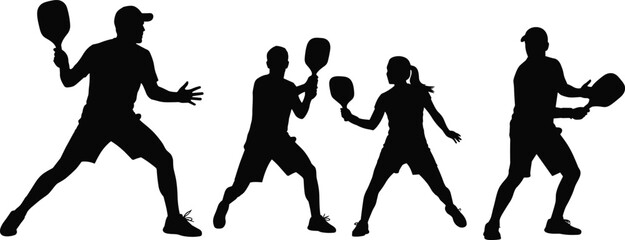 Black silhouettes of people playing pickleball on white background sport game