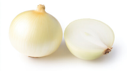 Fototapeta premium White onion whole and half cut isolated on white background with fresh and natural texture for cooking ingredient