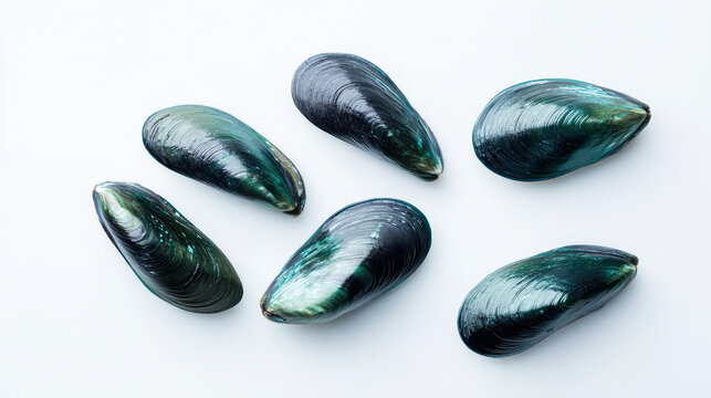 Fresh green mussel shell seafood isolated on white background with natural texture and shiny surface for cooking