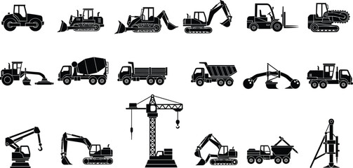 Collection of black construction vehicles and equipment silhouettes machinery truck © MdShidul