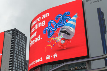 Naklejka premium digital display at Sankofa Square featuring ad by Belairdirect, a Canadian insurance company, Toronto