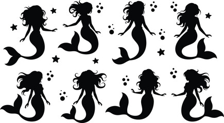 Eight Black Silhouette Mermaids With Flowing Hair and Starfish Bubbles white background fantasy