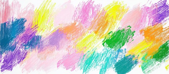 Obraz premium Abstract multicolored crayon brush strokes across a white background with vibrant reds, blues, greens, yellows, oranges, and purples creating a playful and dynamic texture