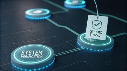 Digital System Verification Concept with Certified Ethical Badge on Futuristic Circuit Network Design and Neon Glow Elements