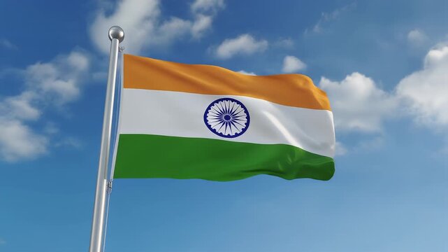 Waving India flag on flag pole with sky on background 4K