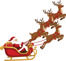 Santa Claus in red sleigh pulled by brown reindeer with red harnesses Christmas