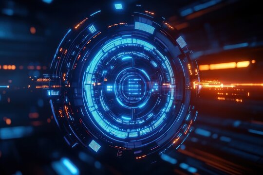 Futuristic glowing circular digital interface with blue and orange light elements in a dark high-tech environment conveying advanced technology and innovation - Powered by Adobe