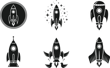 Six black rocket ship icons with stars and birds on white background spaceship space