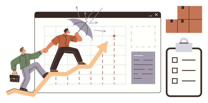 Two individuals climbing a growing arrow, braving challenges with an umbrella, backed by graphs, boxes, and a clipboard. Ideal for teamwork, business strategy, growth, challenges risk management