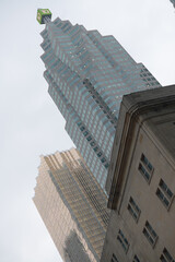 Naklejka premium oblique skyward angled view of TD Canada Trust Tower and Royal Bank Plaza contrast with historic building, Front St W, Toronto