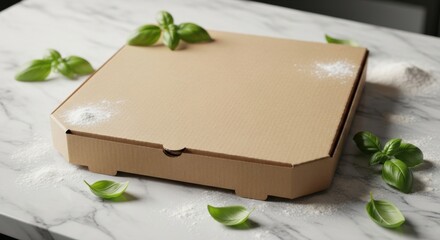 A closed brown cardboard pizza box sits on a white marble tabletop surrounded by scattered green basil leaves.