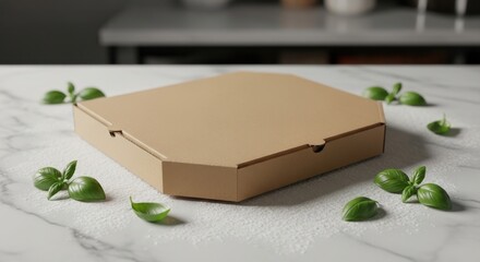 A closed brown pizza box sits on a white marble countertop surrounded by green leaves.