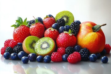 Obraz premium Fresh assortment of strawberries, kiwi slices, blueberries, blackberries, raspberries, and an apple on a reflective surface against a white background